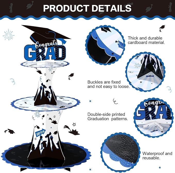 Nuenen 2 Pcs Graduation Cupcake Stand 3 Tier Black Graduation Cupcake Holder Class of 2026 Congrats Grad Cake Holder Dessert Tower for Grad Party Decorations Supplies Favors(Blue)
