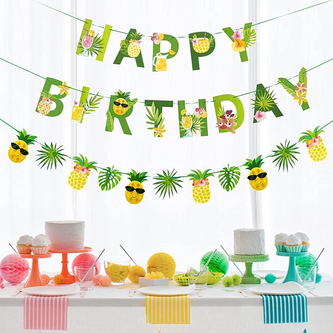 SUNBEAUTY Fruit Party Decorations Happy Birthday Pineapple Element Banner for Summer Tropical Hawaiian Aloha Parties - Colorful, Vibrant, Durable, Fun and Easy to Hang | Pre-Strung