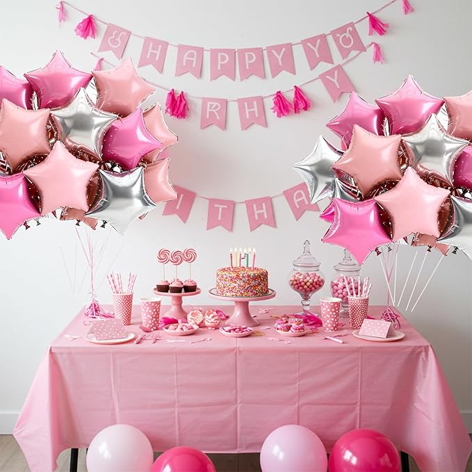 TONIFUL 15Pcs 18 Inch Large Silver Pink Star Shape Foil Balloons Big Stars Helium Mylar Ballons for Birthday Wedding Bridal Shower Anniversary Engagement Party Decorations Supplies