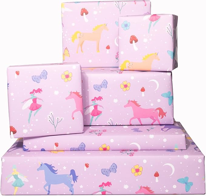 CENTRAL 23 - Fairies and Unicorn Wrapping Paper - 6 Sheets of Mystical Gift Wrap for Girls - Cute Butterfly and Flowers for Her - Pink Purple Birthday Giftwrap - Recyclable
