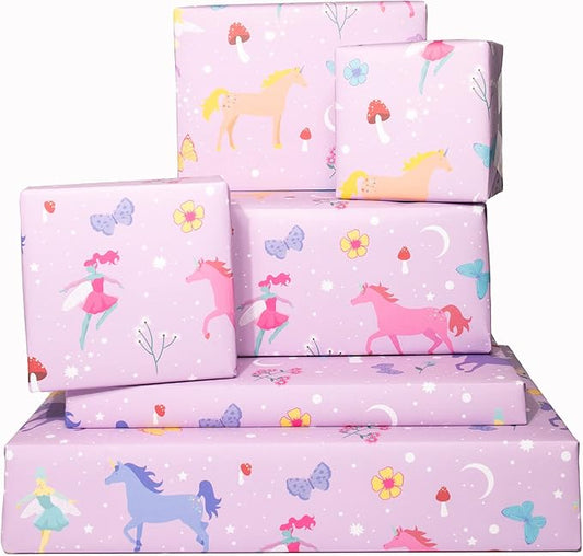 CENTRAL 23 - Fairies and Unicorn Wrapping Paper - 6 Sheets of Mystical Gift Wrap for Girls - Cute Butterfly and Flowers for Her - Pink Purple Birthday Giftwrap - Recyclable