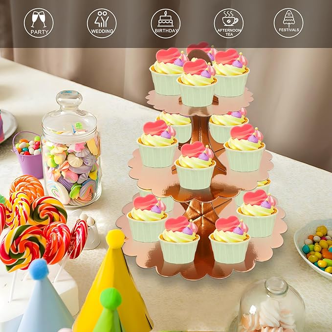 Rose Gold 3 Tier Cupcake Stand, Holds 24 Cupcakes, Cardboard Tower for Parties & Showers (1 Pack)