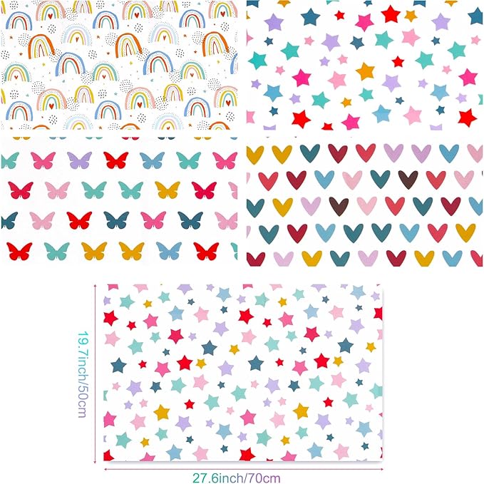 Gift Wrapping Paper, 6 Sheets Colorful Birthday Wrapping Paper for Baby Girls Women, Folded Flat Gift Wrapping Paper with Rainbow Heart Star Butterfly Designs for Birthday Baby Shower Wedding, 20×28In
