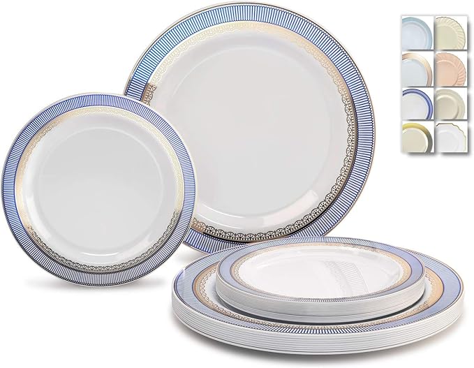 " OCCASIONS " 120 Plates Pack,(60 Guests) Heavyweight Premium Wedding Party Disposable Plastic Plates Set -60 x 10.5'' Dinner + 60 x 7.5'' Salad/Dessert(Louvre Blue/Gold)