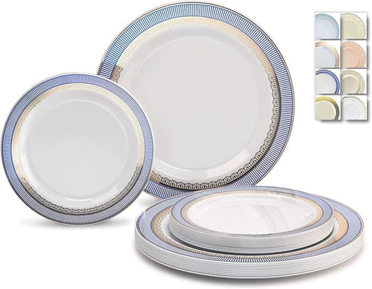 " OCCASIONS " 120 Plates Pack,(60 Guests) Heavyweight Premium Wedding Party Disposable Plastic Plates Set -60 x 10.5'' Dinner + 60 x 7.5'' Salad/Dessert(Louvre Blue/Gold)