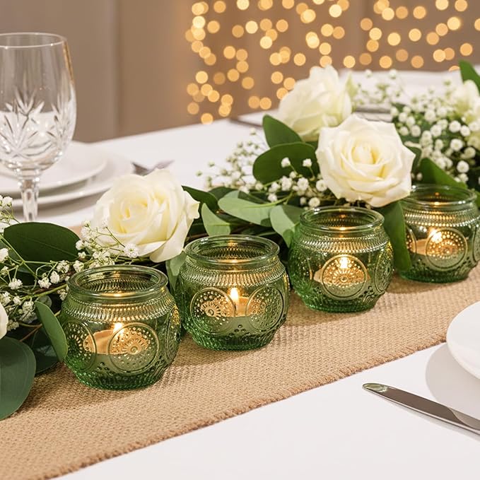 12 Pcs Green Candle Holder-Floral Style Vintage Candle Holders for Wedding Table Centerpieces, Bridal Shower Decor, Rustic Wedding Decor, Tea Party