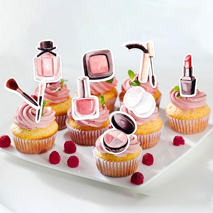 Ercadio 44Pcs Edible Make up Cupcake Toppers Mascara Cosmetics Lipstick Cupcake Picks Perfume Bottle Drink Topper Makeup Birthday Cupcake Decorations Bridal Shower Bachelorette Makeup Party Supplies