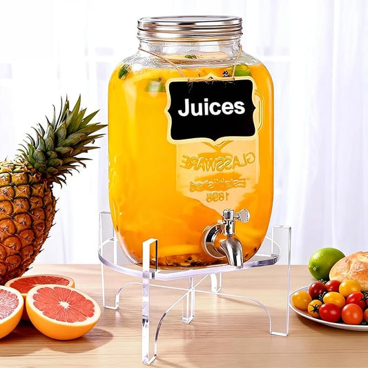 1 Gallon Glass Drink Dispenser with Acrylic Stand, Airtight & Leakproof Lemonade Sun Tea Jar with Lid and Spigot, Beverage Dispenser for Parties, Weddings, Lemonade & Laundry Detergent Dispenser