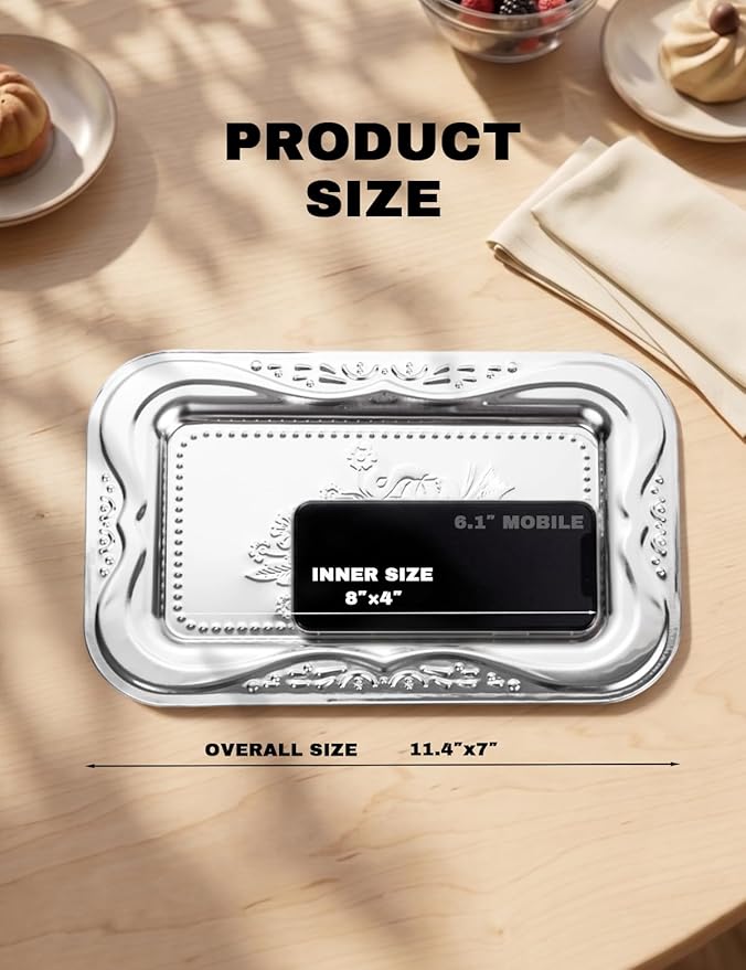 4-Pack Small Silver Serving Trays Set - ZENOVLUX Lightweight Bow Floral Engraved Mirror Decorative Tray, 11.4" x 7" Wedding Party Platters for BBQ, Food, Appetizer, Charcuterie, Cookies, Desserts