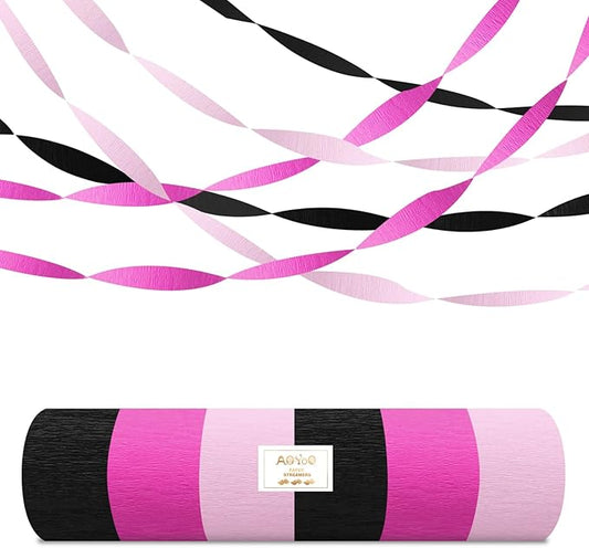 AOYOO Crepe Paper Streamers, 6 Rolls Light Pink Hot Pink and Black Party Streamers, Chic Pink and Black Party Decorations for Girls Birthday, Bachelorette, Sweet 16 and Y2K Party Supplies