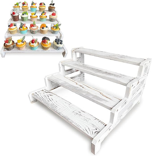 Wooden Cupcake Stand 4 Tier Rustic Cupcake Stand Wood Cupcake Holder White Tiered Display Stand for Birthday Party, Wedding