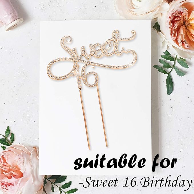 Sweet 16 Cake Topper for 16 Years Birthday Or 16th Wedding Anniversary Crystal Rhinestone Party Decoration Silver (Gold)