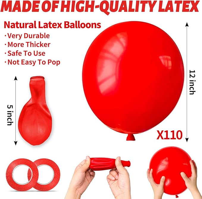Red Balloon 110pcs, Red Latex Balloons12 inch for Birthday Valentine's Day Wedding(with 2 Ribbons).