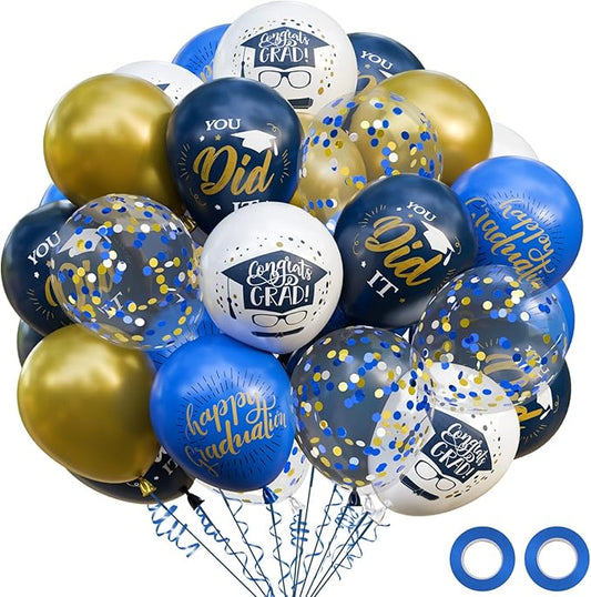OuMuaMua 74 Pack Graduation Party Decorations Balloons Set - 12 Inch Navy Blue Metallic Gold Graduation Balloons Blue Gold White Confetti Balloons for Class of 2026 Grad Birthday Party Decor Supplies