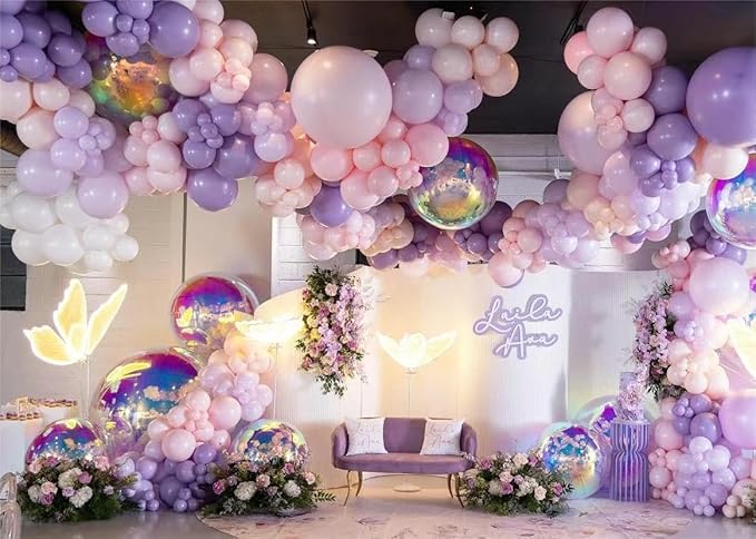 MEBAY Grey Violet Maca Purple Gold Balloons Garland Arch Kit, 146Pcs Latex Balloons Different Sizes 18 12 10 5 Inch for Party Decoration Birthday Wedding Engagements Anniversary Baby Shower