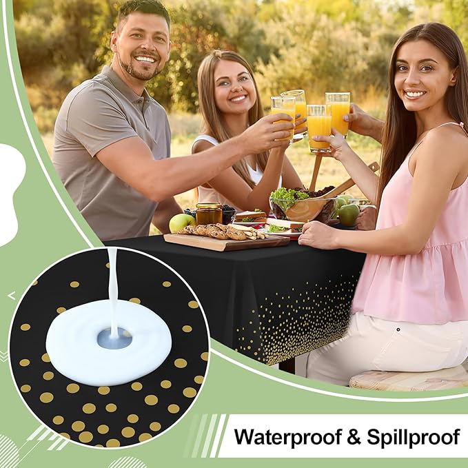 misaya 4 Packs Dot Disposable Table Cloth, 54 x 108 Inch Waterproof Plastic Tablecloth, Rectangle Gold Dots in Black Table Covers for Picnic, Birthday, Party