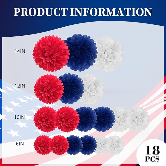 18 PCS Tissue Paper Pom Poms, Tissue Pom Poms Flowers, Sizes of 6", 10", 12", 14" Hanging Paper Flower Ball for Independence Day, Fourth of July, Baby Shower Party Decor (Red Blue White)