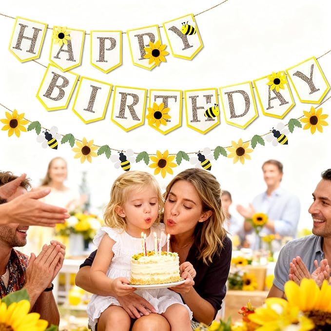 SUNBEAUTY Bee Birthday Party Decorations Bumble Bee Felt Happy Birthday Banner with Sunflower Garland Banner Hanging HoneyBee Decorations for Party Baby Shower Garden Spring Summer(8.2ft)