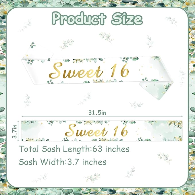 Sage Green 16th Birthday Decorations Sweet 16 Birthday Sash for Girls Women Greenery 16th Birthday Party Favors Happy 16-Year-Old Bday Party Decoration Supplies Photo Prop Photography
