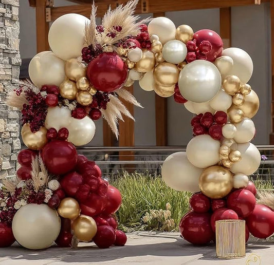 Burgundy Gold Balloons Garland Double Stuffed Wine Red Sand White Metallic Gold Latex Balloons Arch Kit for Bridal Wedding Anniversary Baby Shower Birthday Party Decorations