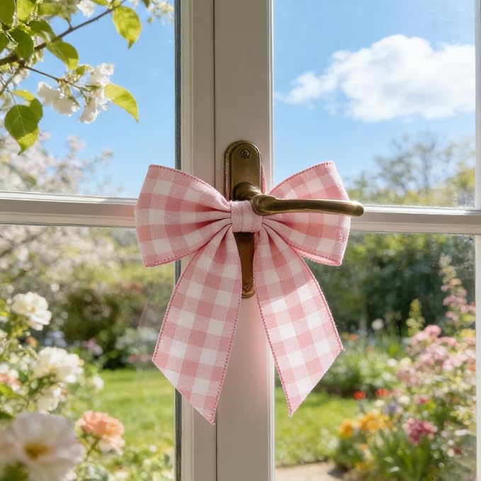 Meseey 4 Inch Pink White Buffalo Plaid Burlap Wired Ribbon 10 Yards Farmhouse Tartan Check Wired Edge Ribbon for Decor Crafts