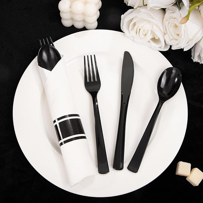 Supernal 120 Pack Black Plastic Silverware,Rolled Silverware Disposable,Pre Wrapped Cutlery Set with Napkin,Plastic Utensils Heavy Duty, Rolled Black Cutlery