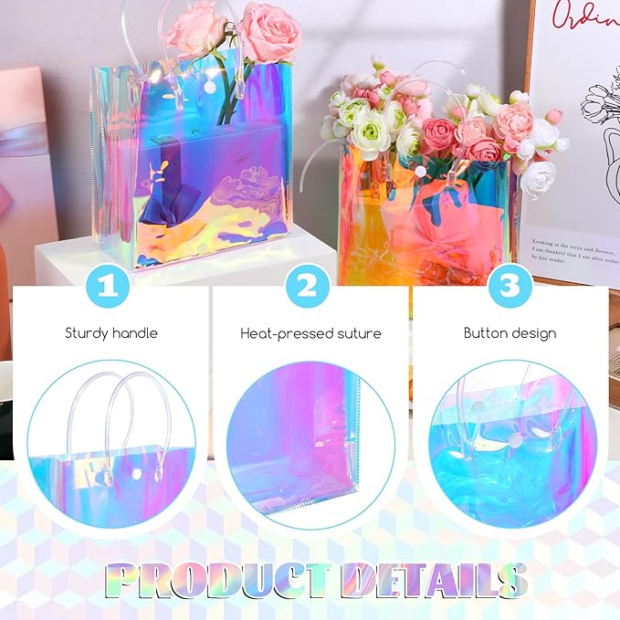 16 Pcs Holographic Small Gift Bags, Clear Reusable Iridescent Birthday Gift Bag with Handles, PVC Gifts Wrap Bags for Bachelorette Shopping Birthday Weddings Party Favors(7.87" x 7.87" x 3.15")