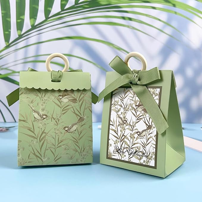 20PCS Mini Gift Bags, Bird & Flower Goodie Bags with Ribbon Handle for Party Favors Treat Boxes Wedding Bridal Baby Shower Birthday Party Presents 3.9"x2.6"x1.4"(Sage Green)