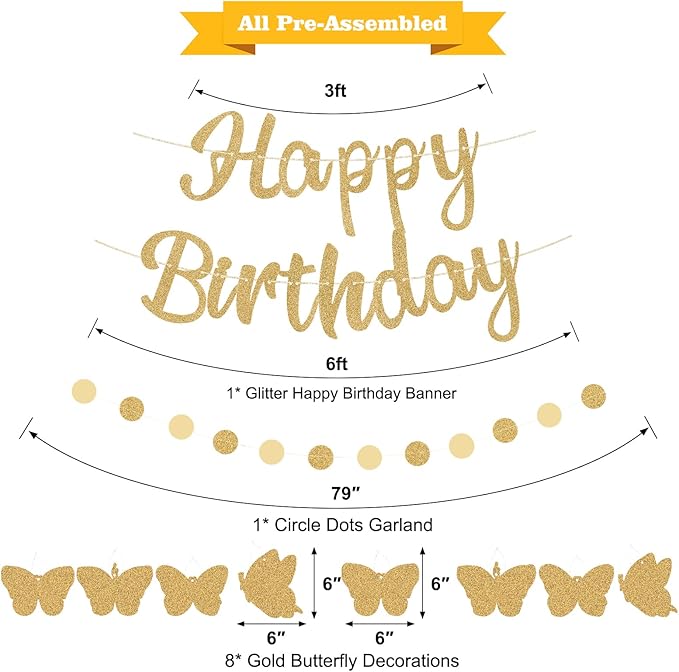 Pre-Strung Happy Birthday Banner, NO DIY Birthday Decorations with Circle Dot Garland and Butterflies, Happy Birthday Party Decorations for Women Girls (Gold)