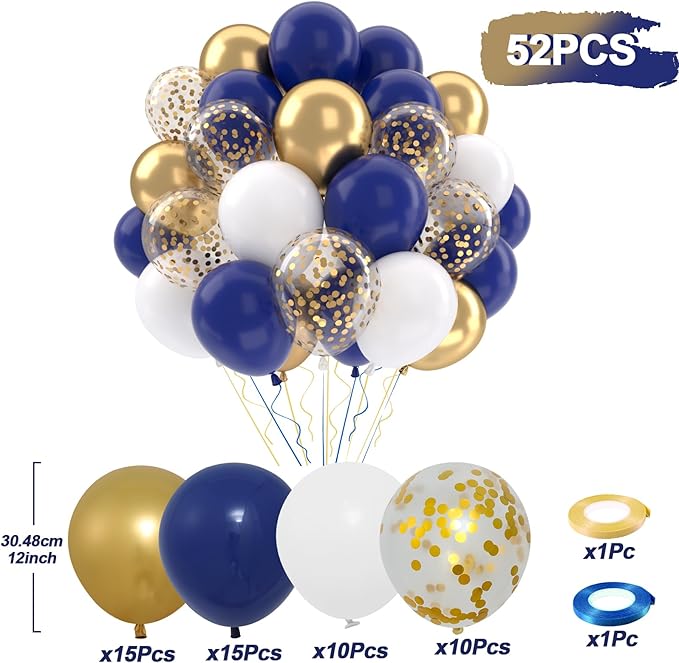 Patimate Navy Blue Gold Balloons Set, 50 pcs 12 inch Metallic Gold Navy Blue White Confetti Latex Balloons Kit for Birthday Baby Shower Graduation Party Decorations