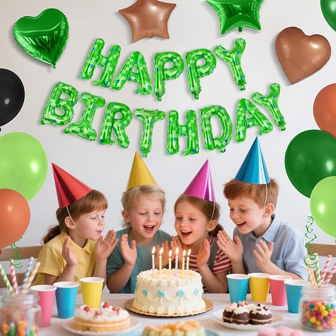 CANREVEL Happy Birthday Banner 13pcs 16 Inch Mylar Foil Letters Sign Balloons Green Pixel Miner Theme Birthday Party Decorations for Kids and Adults