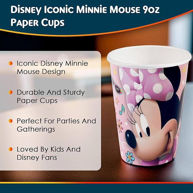 Multicolor Paper Disney Iconic Minnie Mouse Cups (9oz) 8 Count - Perfect for Birthdays & Celebrations, Stand Out & Delight Your Guests