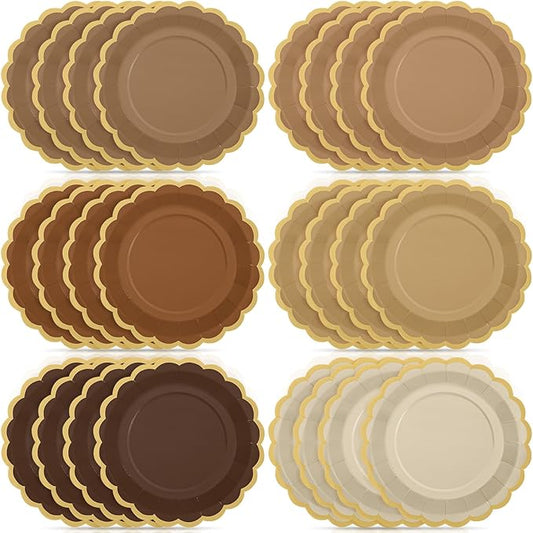 48 Pcs Brown Paper Plates 9 Inch Gradient Brown Scalloped Paper Disposable Dinner Dessert Plates for Birthday Wedding Bridal Party Supplies, 6 Colors