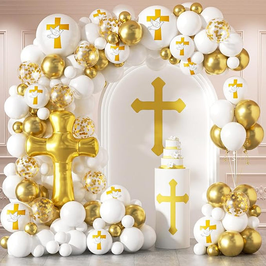 First Communion Balloons - White and Gold with God Bless Balloon Garland Arch Kit Different Size Balloons for First Holy Primera Communion Baptism Theme Party Decorations