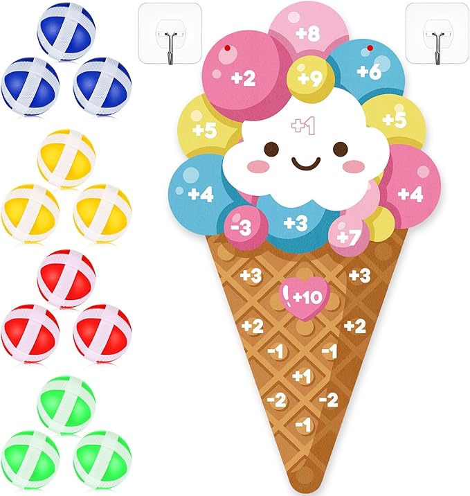 Seenelling Ice Cream Party Game 26 x 14 Ice Cream Dart Board with 12 Sticky Balls Toys Summer Games Two Sweet Birthday Decorations Three Scoops of Fun Birthday Decor Party Favors