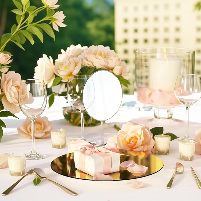 24PCS Gold Round Mirror Plates for Centerpieces, 6" Flat Gold Circle Mirror Trays for Table Decor, Acrylic Mirror Candle Plates for Table Centerpieces, Wedding Party Event Decorations, Home Decor