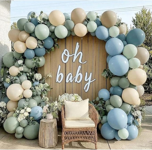 Dusty Blue Green Balloon Arch Kit Double Stuffed Pastel Light Sage Green Blue White Sand Beige Balloon Garland for Birthday Baby Shower Dinosaur Wedding Wild One Ocean Silly Goose Party Decoration