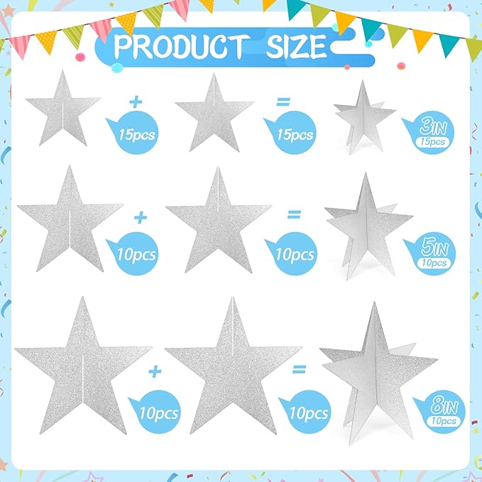 Silver Star Centerpieces - 3D Star Decorations in 3 Sizes - Awards Night, Christmas, Movie Night, Birthday Party Supplies (Set of 35)