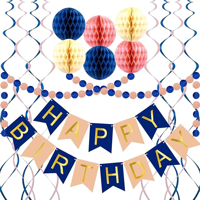 Navy Rose Gold Birthday Decorations with Happy Birthday Banner, Paper Honeycomb Balls, Circle Garland and Hanging Swirl Decorations