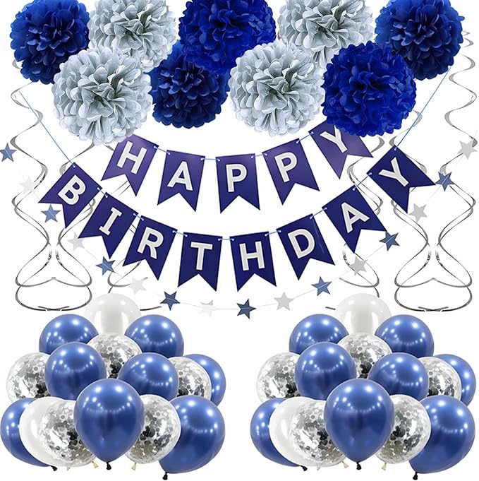 Blue Silver Tissue Paper Pom Poms 12Pcs- Hanging Paper Flowers for Wedding Birthday Graduations Christmas and Special Occasions(10 & 12 inch) ﻿