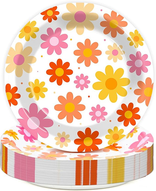 Qyeahkj 48 PCS Groovy Paper Plates 7 Inch Daisy Groovy Party Plates Daisy Flower Disposable Dessert Dinnerware Set Elegant Boho Flower Party Supplies for Birthday Baby Shower Wedding Tea Party