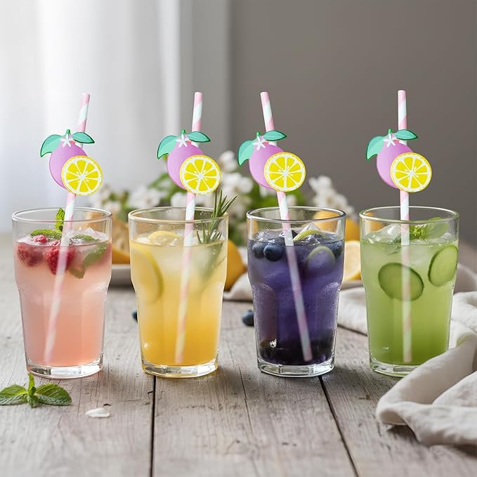 Lemonade Stand Paper Straws - 100PCS Fresh Lemonade Party Decorations Supplies, Lemon Bar Cocktail Striped Straw for Drinks, Birthday Decor for Summer Disposable (Pink)