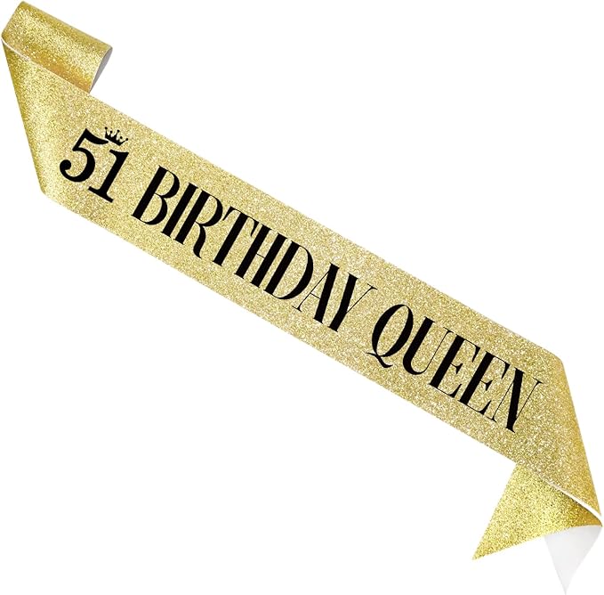 51 Birthday Queen 51st Birthday Sash for Women, Gold Glitter Sash with Black Foil