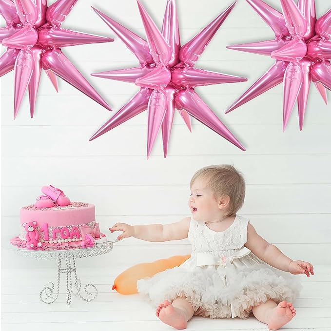 TONIFUL 4 Pcs 22inch 4D Pink Explosion Star Foil Balloons 14Point Light Pink Star Mylar Balloons for Party Backdrop Christmas New Year Birthday Wedding Baby Shower Anniversary Photo Booth Supplies