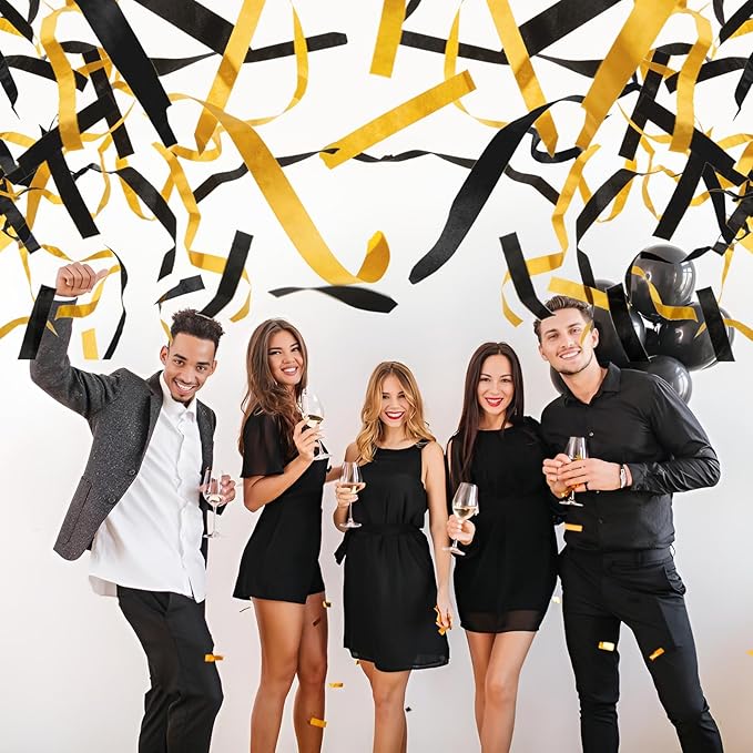 12" Black and Gold Streamers for Birthday Graduation Wedding New Year Celebrations - Easy to Use, Biodegradable Confetti - Pack of 2