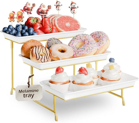 3-Tier Melamine Serving Tray Set, 11.5" x 5.6" Platters for Serving Food, Black Reusable Trays with Black Metal Display Stand for Cupcakes, Sevring Food, Dessert, Fruit, Cookie, Gold