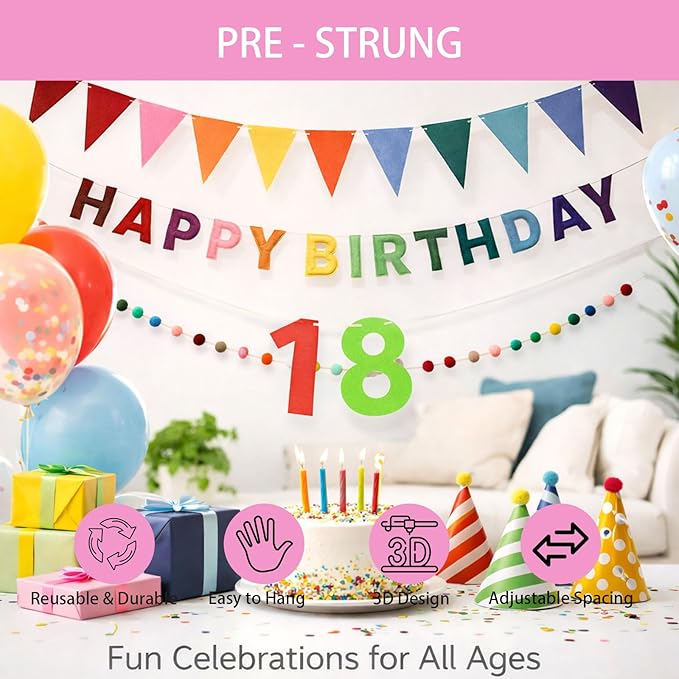 Happy Birthday Banner Pre Strung Felt Decorations Reusable Party Garland Set Rainbow Birthday Supplies With Ball Garland And Pennant Flag For Girls Boys Women Men Photo Prop Room Decor Rainbow