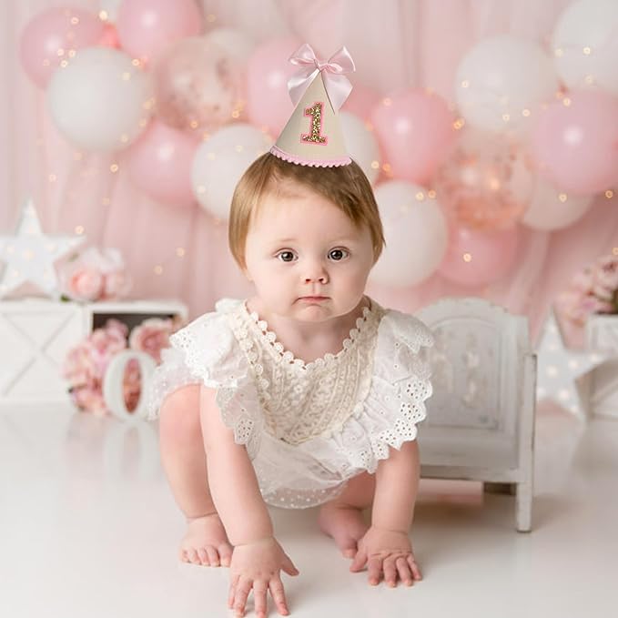 Pink Bow 1st Birthday Hat For Girl -Pink Girls First Birthday Decorations,Princess Theme Photo Prop,Size: 5.5×3.1 In