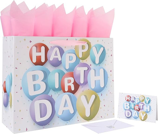 wishinside 16.5” Extra Large Happy Birthday Gift Bag Set with Handles, Greeting Card, Pink Tissue Papers and Stickers for Girls Kids Women, Colorful Balloon Design, 1 Pcs
