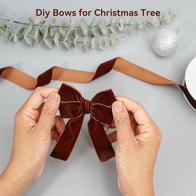 Brown Velvet Ribbon for Gift Wrapping, 3 Rolls Vintage Thin Velvet Ribbon Set for Christmas Tree Decoration, 3/8, 5/8, 1 inch Wide, 30 Yards Totally, Thick Christmas Ribbons for Bow Ornaments